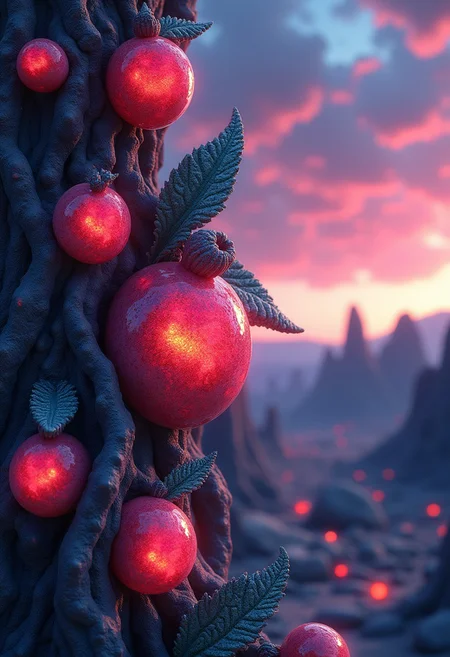 A highly defined 4K image of an alien fruit bush on another planet, featuring vivid, otherworldly fruits in brilliant, eye-catching colors. Fruit Focus. The fruits has a bioluminescent glow, with intricate patterns on its bark and leaves that emit soft light. The fruits have a surreal, crystalline texture, and the background is an otherworldly landscape with a vivid, colorful sky. Masterpiece quality, best lighting, amazing color, ultra-detailed