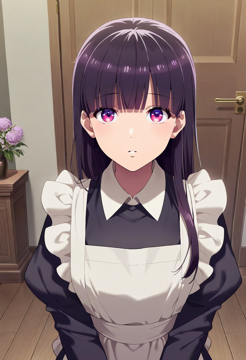 masterpiece,best quality,amazing quality, saimori miyo, dark purple hair, purple-pink eyes, long hair, blunt bangs, 1girl, solo, apron, maid, looking at viewer, indoors, door, upper body, wooden floor, flower, white apron, maid apron