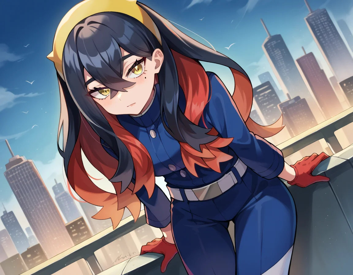 score_9, score_8_up, score_7_up, source_anime,
pokemoncarmine, <lora:pokemon-carmine-ponyxl-lora-nochekaiser:1>
pokemoncarmine, black hair, colored inner hair, crossed bangs, hair between eyes, hairband, long hair, mole, mole under eye, multicolored hair, red hair, sidelocks, two-tone hair, yellow eyes, yellow hairband,
buttons, long sleeves, jacket, gloves, red gloves, pants, belt, blue pants, blue jacket,
outdoors, cityscape, bent over,
looking at viewer, cowboy shot, dutch angle,