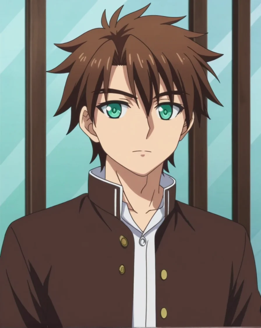 score_9, score_8_up, source_anime, anime screencap, original style, depth of field, BREAK, rating_safe, 1boy, solo, male focus, mature male,<lora:toujou_basara_pony:1>, toujou_basara_pony, brown hair, green eyes, short hair, hair between eyes, bangs, cowboy shot, expresionless, standing, looking at viewer, facing viewer, <lora:sdxl_lightning_8step_lora:1>