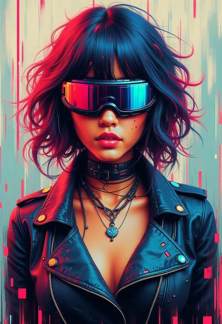 masterpiece, ((inkpunk cell-shaded style)), realistic painting, portrait of a beautiful cyberpunk girl, mad-cybrpnkimprss