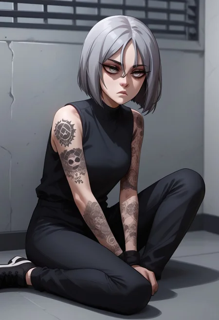 score_9, score_8_up, score_7_up, score_6_up, 1 girl, very light blue hair, almost gray hair, gray eyes, short hair, full body tattoos, t4ts, tattoos, tattoo, gangster tattoos, fit body, slim, medium breasts, sleeveless flannel, white flannel, black sports pants, on the jail, in a prison, sitting, rude face, rude, sitting thoughtful, goth girl, raven from dc, half closed eyes, black bags under her eyes,