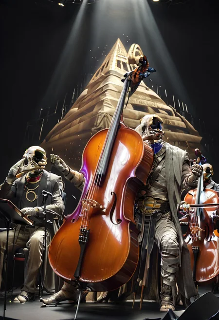 masterpiece, best quality, amazing quality, Khonshu, skull head, floating head, beak, mummified, robe,, playing cello, cello, instrument, bow_(music), left hand on the fingerboard, right hand holding a bow, cello between legs, sitting, spotlight, on stage, hieroglyph, pyramid,