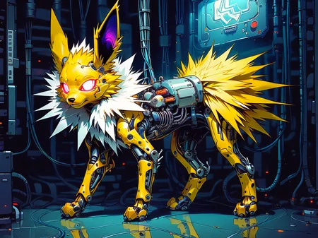 score_9, score_8_up, score_7_up, score_6_up, <lora:cyb0rgXLP:0.8> cyb0rg, solo, science fiction, cable, mechanical parts, jolteon, black, feral, full body, glowing eyes, neon lights,