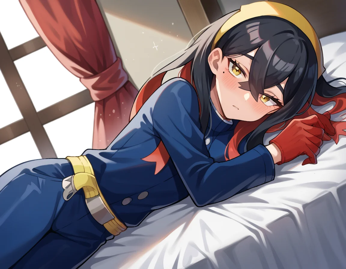 score_9, score_8_up, score_7_up, source_anime,
pokemoncarmine, <lora:pokemon-carmine-ponyxl-lora-nochekaiser:1>
pokemoncarmine, black hair, colored inner hair, crossed bangs, hair between eyes, hairband, long hair, mole, mole under eye, multicolored hair, red hair, sidelocks, two-tone hair, yellow eyes, yellow hairband,
buttons, long sleeves, jacket, gloves, red gloves, pants, belt, blue pants, blue jacket,
indoors, bed, bed room, on side, blush, drunk,
looking at viewer, cowboy shot, dutch angle,