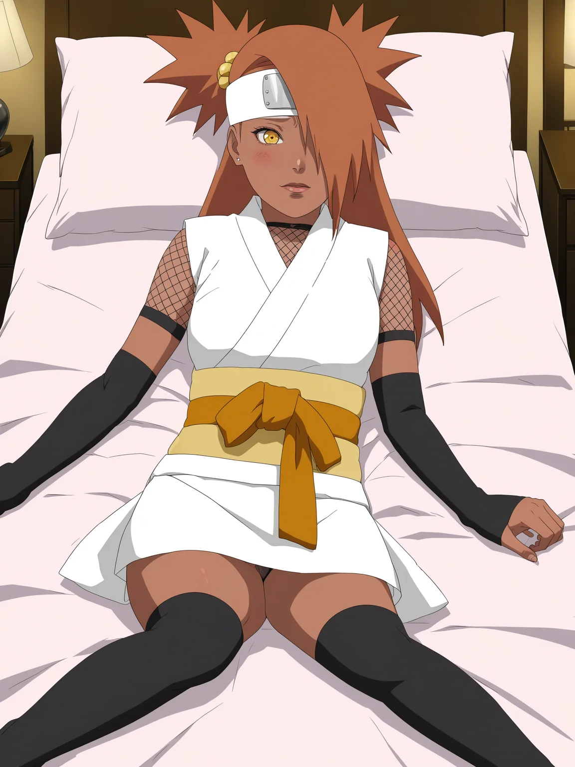 chocho akimichi, woman, chodef, dark skin, nervous, blush, submissive expression, blush, forehead protector, white kimono, fishnet shirt, black arm warmers, sleeveless, yellow sash, orange ribbon, thighhighs, indoors, lying, lying on bed, beg sheets, bedroom, <lora:add-detail-xl:1>, <lora:Chocho_Akimichi_sdxl_v2:1>,