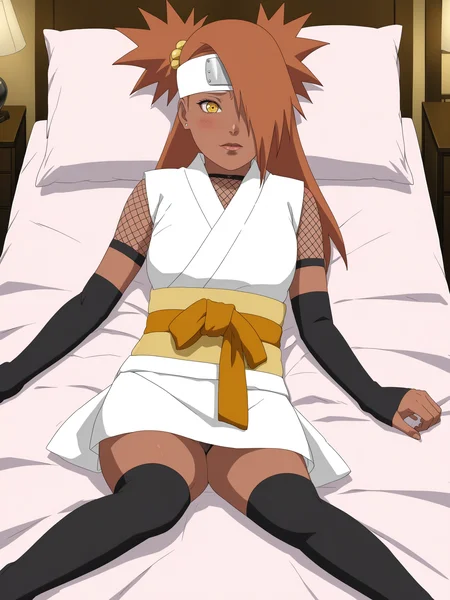 chocho akimichi, woman, chodef, dark skin, nervous, blush, submissive expression, blush, forehead protector, white kimono, fishnet shirt, black arm warmers, sleeveless, yellow sash, orange ribbon, thighhighs, indoors, lying, lying on bed, beg sheets, bedroom, <lora:add-detail-xl:1>, <lora:Chocho_Akimichi_sdxl_v2:1>,