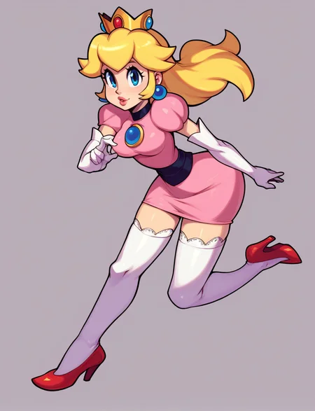 score_9, score_8_up, sgStyle, 1girl, solo, princess_peach, blue eyes, lips, short dress, dress, white stockings, elbow gloves, red high heels <lora:sgStyleSDXL-000006:1>