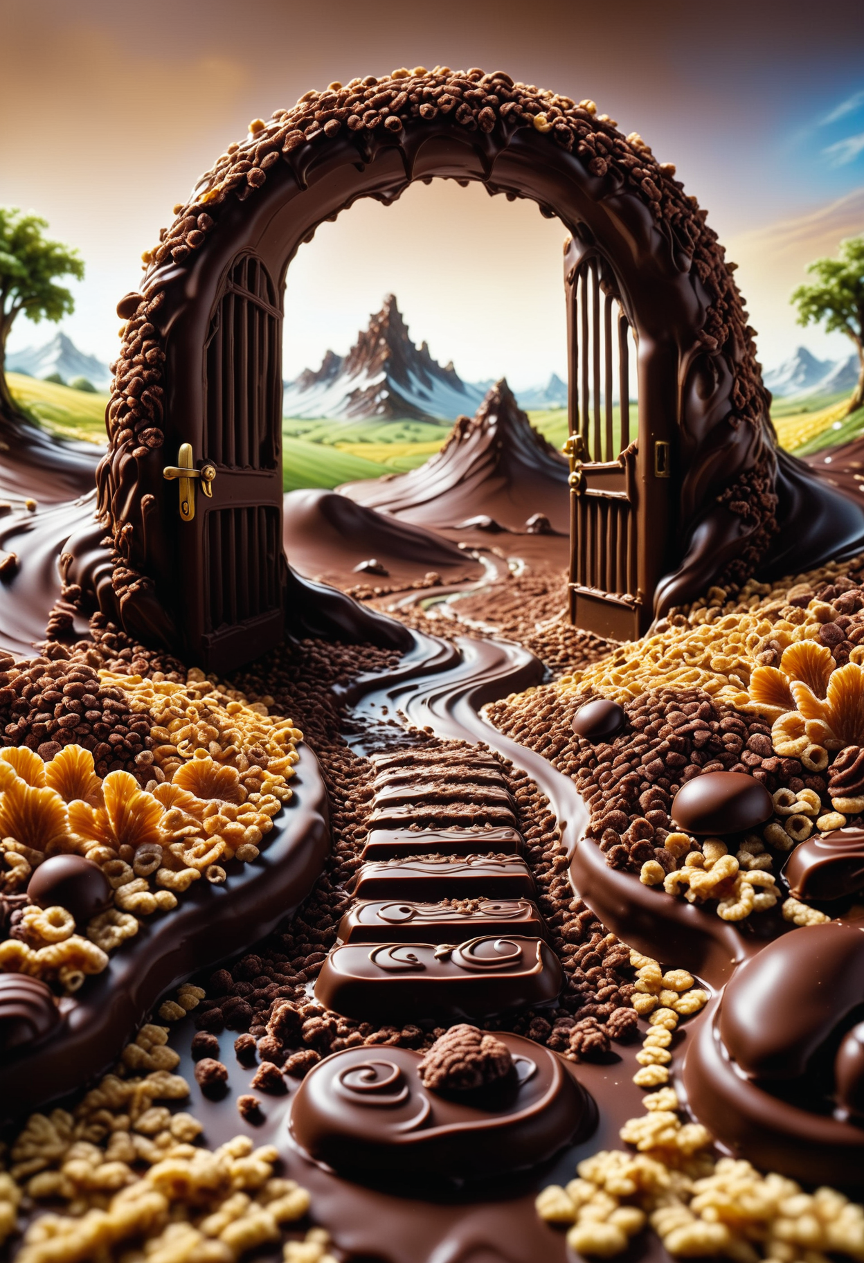 a gate made of melted chocolate and cereals by Jed-ChocoC, its the entrance to the land of milk and honey, behind the gate is a open path made of melted chocolate into a fantasy chocolate landscape <lora:last:0.7> <lora:SDXLFaeTastic2400:0.7>