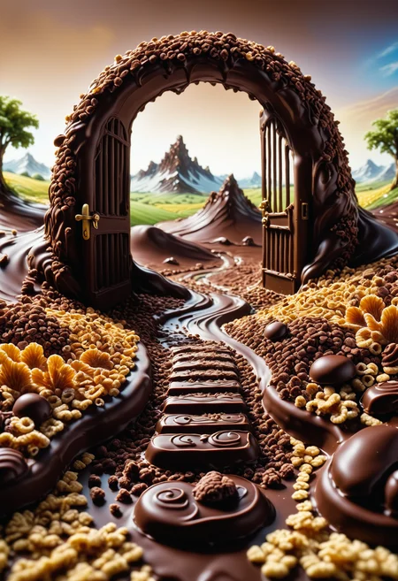 a gate made of melted chocolate and cereals by Jed-ChocoC, its the entrance to the land of milk and honey, behind the gate is a open path made of melted chocolate into a fantasy chocolate landscape <lora:last:0.7> <lora:SDXLFaeTastic2400:0.7>