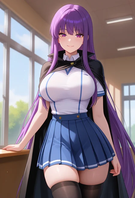 masterpiece, best quality, amazing quality, 1girl, solo, cowboy shot, fujikoww, purple eyes, purple hair, long hair, very long hair, mole under eye, large breasts, school uniform, black cape, white school shirt, short sleeves, blue pleated skirt, zettai ryouiki, black thighhighs, looking at viewer, smile, indoors, day, skindentation, detailed clothing folds, depth of field, sharp, high contrast, dynamic light <lora:Etou_Fujiko_Ichiban_Ushiro_no_Daimaou_ill_v11:0.9>