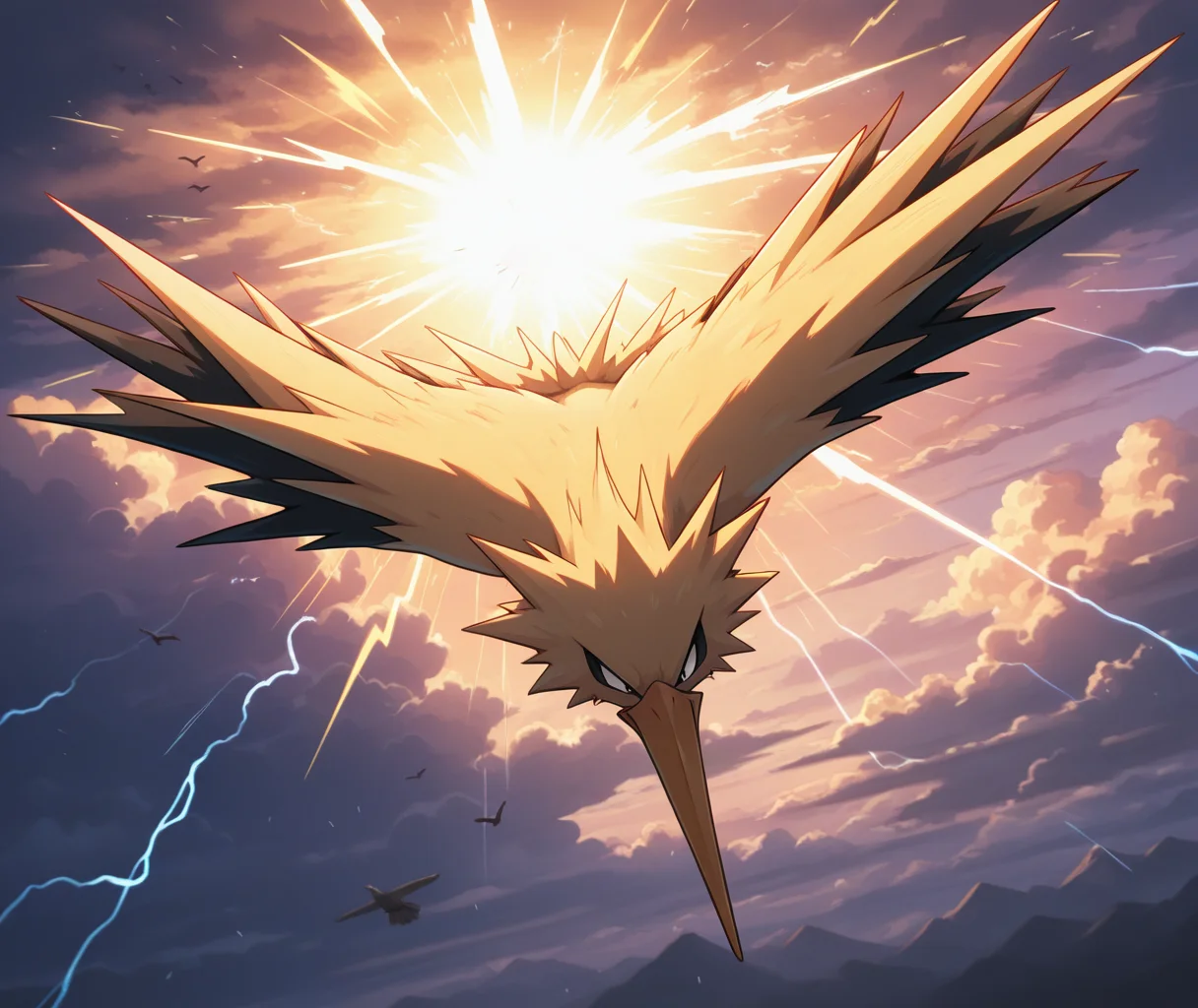 ((vibrant, detailed, detailed background, amazing quality, colorful, masterpiece, 8k, rtx)), beutiful background,
<lora:zapdos-illus-14:1> pzapb, pokemon \(creature\), bird, 1other, cloud, flying,
, dynamic angle, dynamic pose, thunder, t-pose