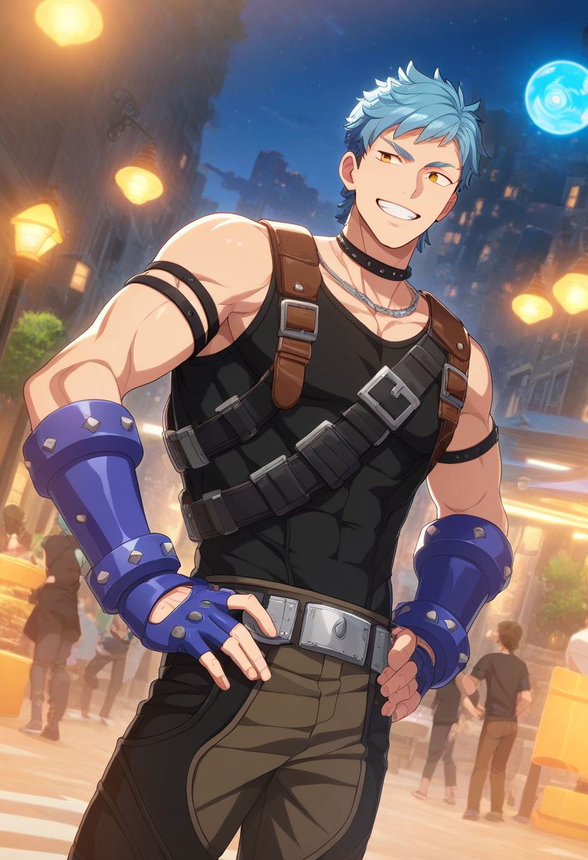 1boy, male focus, 
<lora:Character_-_Helios_Rising_Heroes_-_Asch_Albright:1> asch, blue hair, orange eyes,  
((zPDXL)), score_9_up, score_8_up, score_7_up, score_6_up, score_5_up, score_4_up, best quality, amazing quality, best aesthetic, absurdres, year2023, nsfw, game cg,  official art, official style, anime screencap,
outdoors, city, hands on own hips, black tank top, belts, brown pants, fingerless gloves, smile,