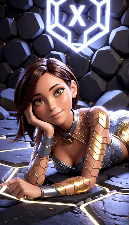 (3d pixar style:1.3), Mystical woman in an outfit with metallic hexagonal textures, in front of a stone backdrop, glowing highlights.
Lying on the ground, propped up on one elbow, looking relaxed.
