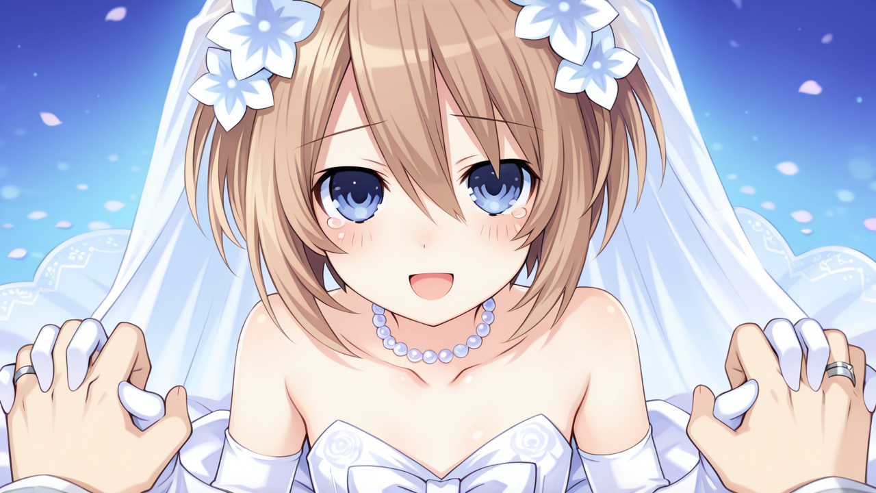 masterpiece, best quality, amazing quality, very aesthetic, absurdres, newest, anime screencap, <lora:blancILM:1>, blanc (neptunia), blue eyes, blush, flat chest, brown hair, short hair, tsunako,, wedding dress, wedding, flower, wedding ring, hair flower, bridal veil, flower, gloves, hair ornament, happy, happy tears, open mouth, looking at viewer, pov, pov hands, ribbon, ring, white dress, sleeveless dress, collarbone, bare_shoulders, holding hands,
