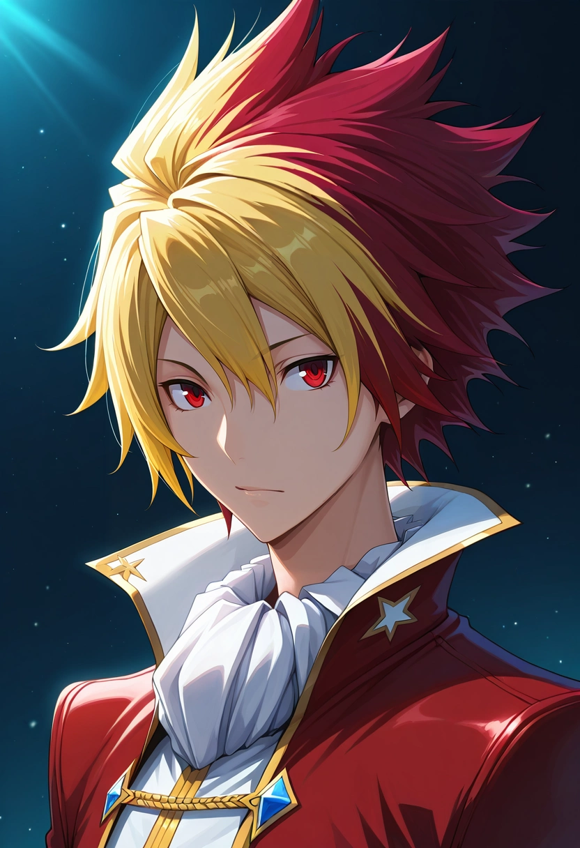 masterpiece, best quality, intricate details, (realistic:0.6),, 1boy, solo, male focus, <lora:takuto_tsunashi_ilxl:0.92>, takuto_tsunashi, red hair, red eyes, spiked hair, bangs, multicolored hair, two-tone hair, dyed bangs, blonde hair, ,