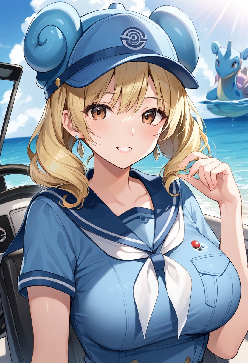 anime, highly detailed, extremely detailed, best quality, masterpiece, score_9_up, score_8_up, score_7_up, rating_safe, 1girl, (human:1.5), gijinka, Lapras \(Pokémon\), tall woman, mature woman, blonde hair, brown eyes, side curls, sailor uniform, ((blue uniform)), blue cap, steering wheel, upper body shot