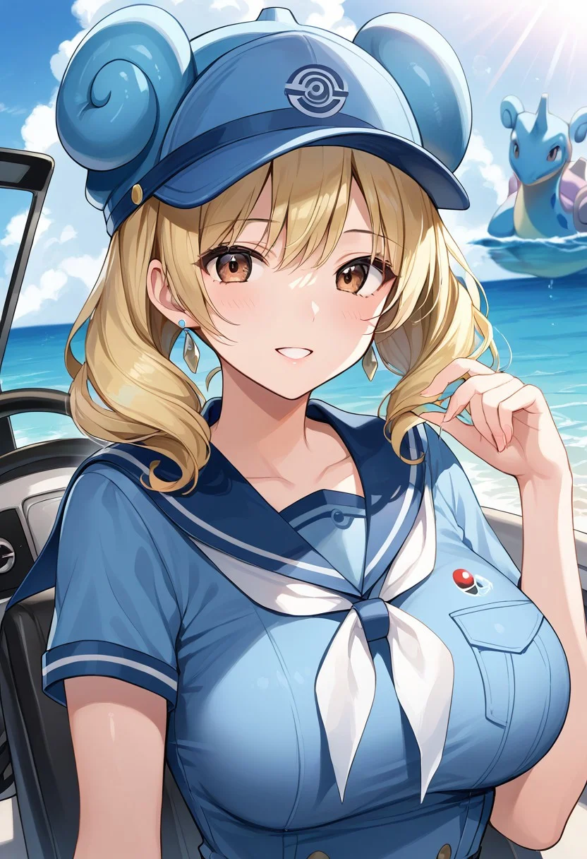 anime, highly detailed, extremely detailed, best quality, masterpiece, score_9_up, score_8_up, score_7_up, rating_safe, 1girl, (human:1.5), gijinka, Lapras \(Pokémon\), tall woman, mature woman, blonde hair, brown eyes, side curls, sailor uniform, ((blue uniform)), blue cap, steering wheel, upper body shot