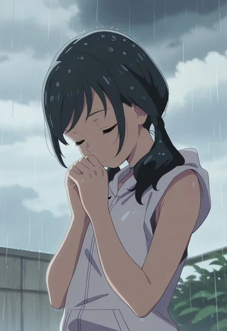 masterpiece,best quality,amazing quality, amano hina, black hair, long hair, low twintails, 1girl, sleeveless jacket, twintails, rain, closed eyes, hood, solo, sleeveless, cloud, hood down, hooded jacket, own hands together