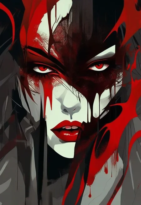 (masterpiece), excellent quality, abstract art, vector art, face of a woman with long and sharp vampire-like canines, and blood dripping from her mouth, winking, seductive look, aesthetics with blood dripping effect,DonMn1ghtm4reXL