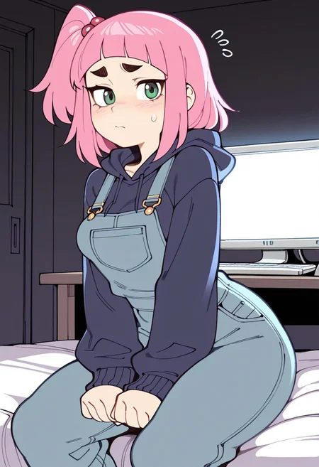 masterpiece, best quality, black outlines, score_9, score_8_up, score_7_up, soft lighting, dramatic lighting, artist:wamudraws, fishine, (backlighting:1.6), 1girl, solo, kiui_watase, pink hair, blunt bangs, short hair, green eyes, thick eyebrows, side ponytail, dark blue hoodie, baggy clothes, overalls, bedroom, dark bedroom, sexy, looking back at viewer, seductive, embarrassed, (annoyed:0.6), computer, pc, medium breasts, on bed, bed,