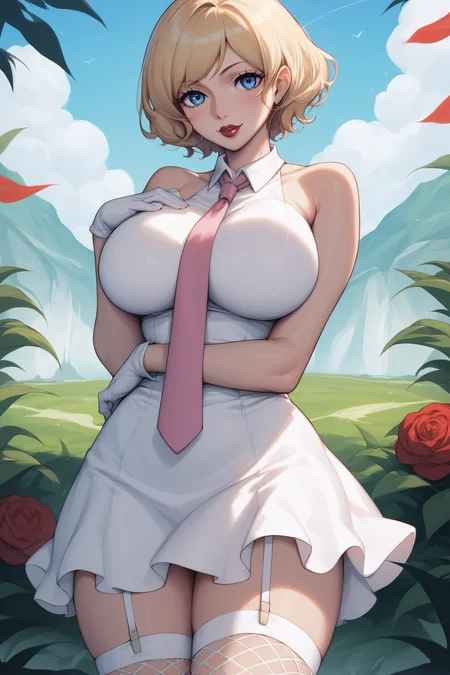 score_9, score_8_up, score_7_up, BREAK source_anime, <lora:Stussy-PonyXL-lora-Faxtron:0.8> stussy, blue eyes, blonde hair, short hair, lipstick, large breasts, white dress, sleeveless, pink necktie, garter straps, white gloves, fishnet white thighhighs, standing,