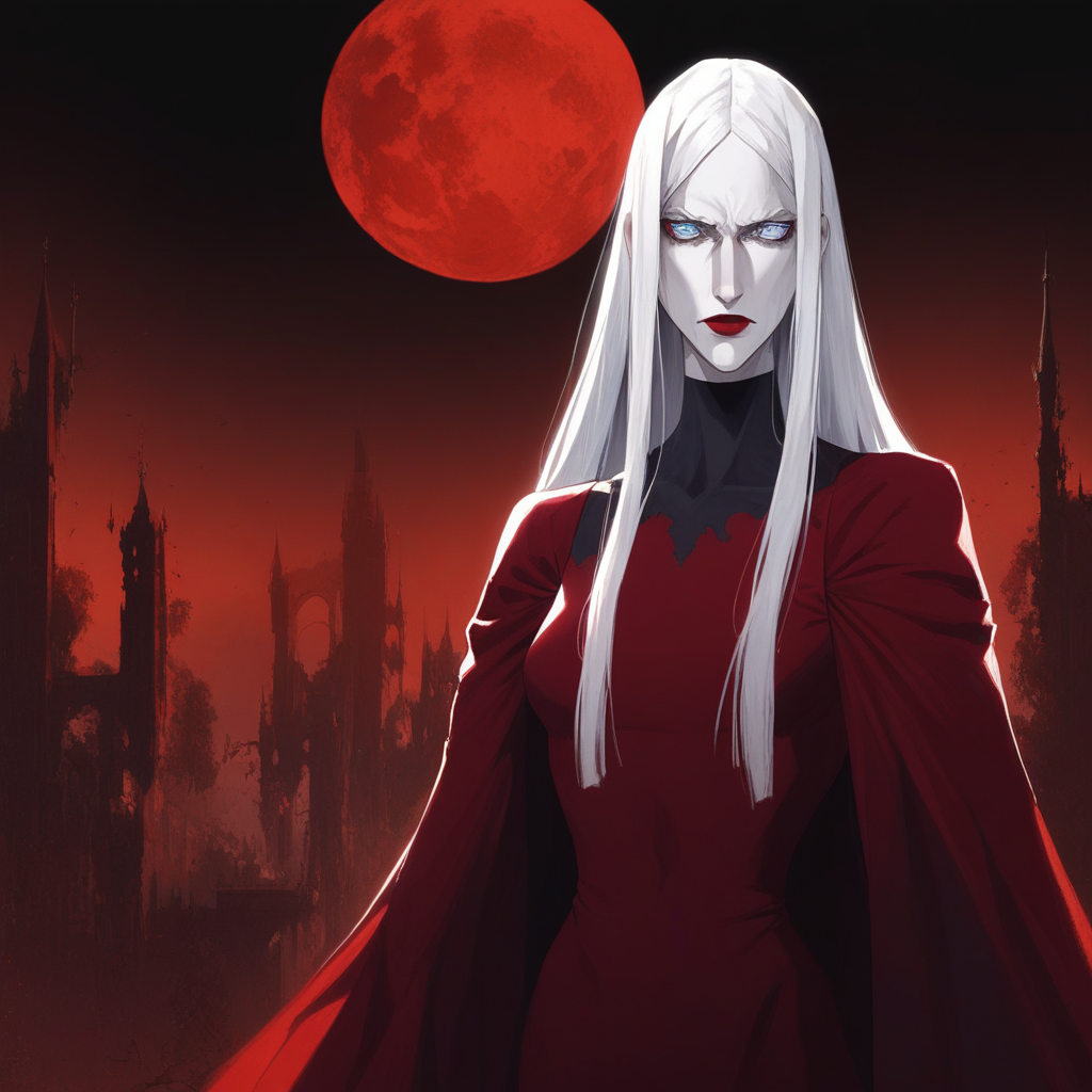 source_anime, ((score_9)),score_8_up,score_7_up,score_6_up,score_5_up,score_4_up, 1woman, carmilla_(castlevania), castlevania_(netflix), castlevania style, castl3van1a5tyl3,  (Masterpiece), (anime, illustration), 4k, high res, highest quality, ray tracing, perfect eyes, BREAK, A beautiful woman stands in a tight-fitting, red dress,  Carmilla, carmilla_(castlevania), 1woman, vampire, pale skin, albino, red dress, long dress, pauldrons, long hair, white hair, long hair, (blue eyes:1.2), by a window,  Red sky, full moon, castle,