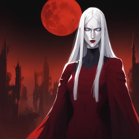 source_anime, ((score_9)),score_8_up,score_7_up,score_6_up,score_5_up,score_4_up, 1woman, carmilla_(castlevania), castlevania_(netflix), castlevania style, castl3van1a5tyl3, (Masterpiece), (anime, illustration), 4k, high res, highest quality, ray tracing, perfect eyes, BREAK, A beautiful woman stands in a tight-fitting, red dress, Carmilla, carmilla_(castlevania), 1woman, vampire, pale skin, albino, red dress, long dress, pauldrons, long hair, white hair, long hair, (blue eyes:1.2), by a window, Red sky, full moon, castle,