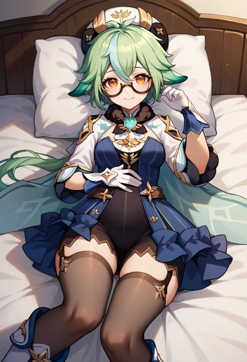 score_9, score_8_up, score_7_up, source_anime, 1girl, sucrosedef, orange eyes, green hair, multicolored hair, hair between eyes, long hair, ponytail, animal ears, glasses, semi-rimless eyewear, hat, beret, fur collar, vision (genshin impact), blue dress, gold trim, cape, long sleeves, white gloves, garter straps, black thighhighs, knee boots, white footwear, lying, on back, on bed, arm up, closed mouth, smile, looking at viewer, indoors, bedroom, pillow, close-up, facing viewer, hand on own stomach, <lora:Sucrose_v1-000010:1>