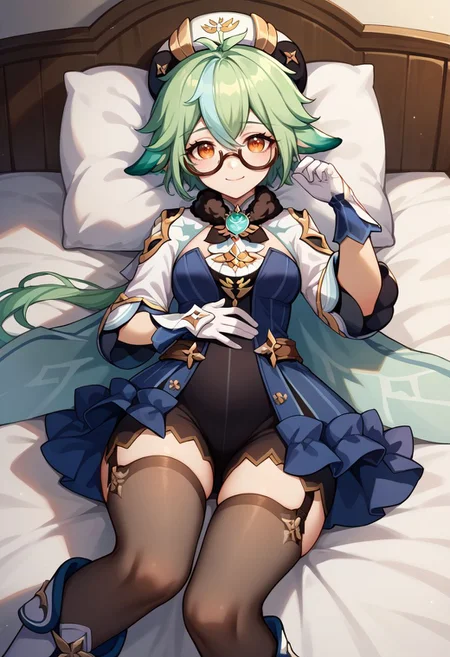score_9, score_8_up, score_7_up, source_anime, 1girl, sucrosedef, orange eyes, green hair, multicolored hair, hair between eyes, long hair, ponytail, animal ears, glasses, semi-rimless eyewear, hat, beret, fur collar, vision (genshin impact), blue dress, gold trim, cape, long sleeves, white gloves, garter straps, black thighhighs, knee boots, white footwear, lying, on back, on bed, arm up, closed mouth, smile, looking at viewer, indoors, bedroom, pillow, close-up, facing viewer, hand on own stomach, <lora:Sucrose_v1-000010:1>