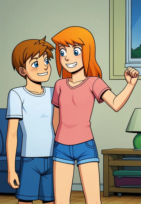 1girl, in living room, chjuliepower, chjuliepower wearing pink strap shirt, short shorts