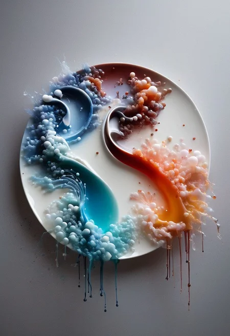 <lora:ElementsMixSDXL:1.0> ElementsMix (Wind:0.6),(Earth:0.5),(Fire:0.4),(Water:0.8), jellies in the shape and color of each element beautifully plated on a high-end ceramic plate for a michelin star meal, creative molecular gastronomy, award winning food photography, mise en place