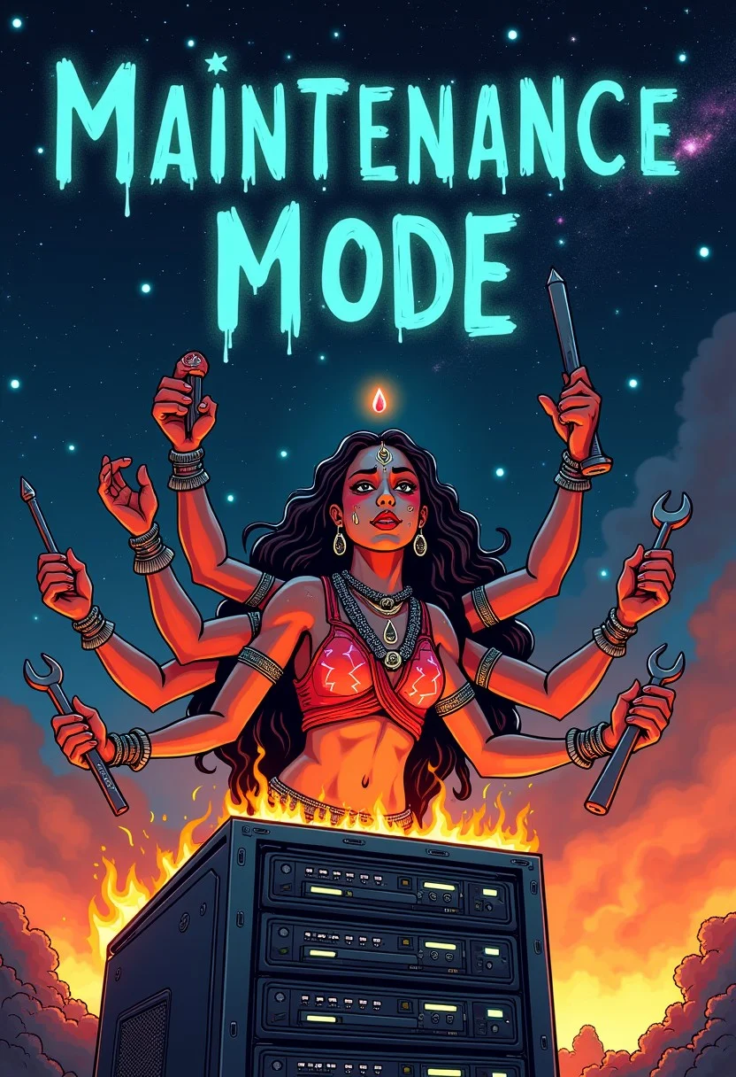 Digital illustration of Goddess Kali working on an open server PC on fire with her multiple arms. The multiple arms are holding tools, screwdriver, wrench, keyboard, mouse, network cable, clipboard, she is sweating , and has grease stains on her face and. The starry sky above spell out the words "MAINTENANCE MODE". Higly detailed, with a cosmic expanse with stars, galaxies, and nebulae