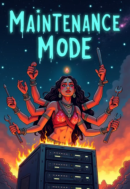 Digital illustration of Goddess Kali working on an open server PC on fire with her multiple arms. The multiple arms are holding tools, screwdriver, wrench, keyboard, mouse, network cable, clipboard, she is sweating , and has grease stains on her face and. The starry sky above spell out the words "MAINTENANCE MODE". Higly detailed, with a cosmic expanse with stars, galaxies, and nebulae