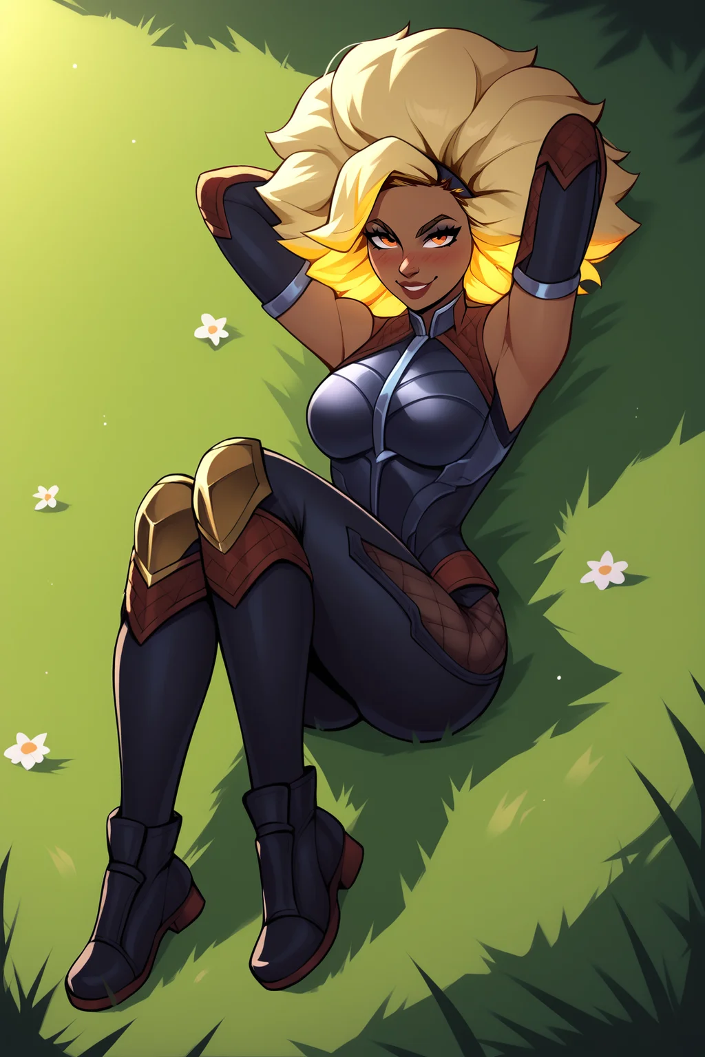 score_9, score_8_up, score_7_up, score_6_up, BREAK, RellLoLXL, dark skin, colored skin, orange eyes, blonde hair, yellow hair, afro, big hair, two-tone hair, medium breasts, armor, black bodysuit, detached sleeves, black elbow gloves, black pants, black shoes, solo, full body, lying on grass, arms behind head, seductive smile, looking at viewer, naughty face, nose blush, forest <lora:RellLoLXL:1>