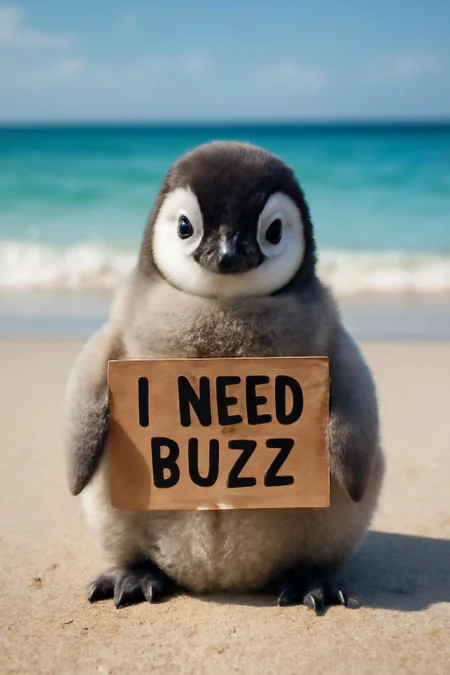 Generate a photo of a cute fluffy penguin sitting on the beach with a sign that says “I need buzz” on it, the penguin and sign is facing the viewer, 8k, masterpiece, photo realistic, sunny beach