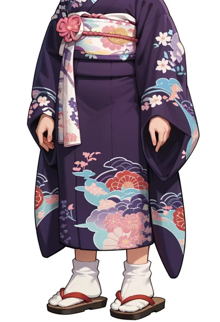 score_8, score_8_up, score_7_up, source_anime, 1girl, female focus, solo, Atsuko_IG, Kimono, print kimono, bird print, white socks, sandals, head out of frame, lower body, simple background, white background