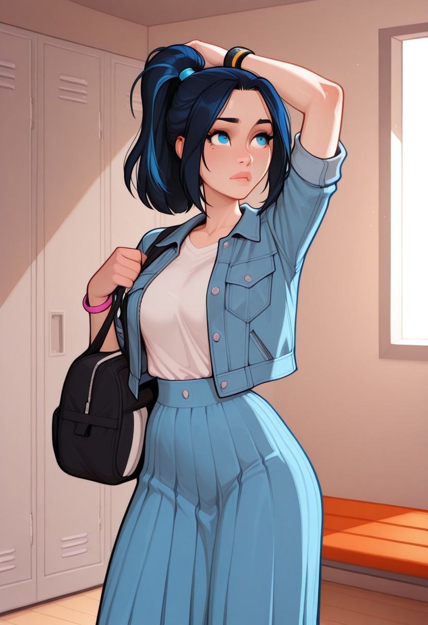 masterpiece, best quality, amazing quality, very aesthetic, absurdres, 5p4rr0w, artist style, gym, gym envirement, solo, 1girl, female focus, lineless, incoth, (incase:0.6), indoors, light blue eyes, long black hair, blue highlights, elegant ponytail, bracelet, parted bangs, refined, beautiful, kawaii, 
wearing casual outfit, white shirt, white shirt under jacket, open blue denim jacket, long colurful skirt, long skirt, 
black adidas sportsbag, sportsbag by the side,
gym locker room, Changing room, locker room bench, open locker, standing by the locker,
dynamic pose, close up,
