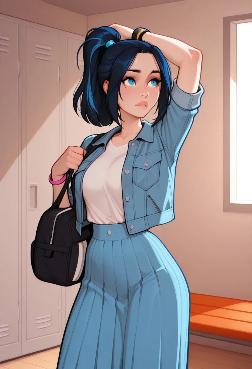 masterpiece, best quality, amazing quality, very aesthetic, absurdres, 5p4rr0w, artist style, gym, gym envirement, solo, 1girl, female focus, lineless, incoth, (incase:0.6), indoors, light blue eyes, long black hair, blue highlights, elegant ponytail, bracelet, parted bangs, refined, beautiful, kawaii,
wearing casual outfit, white shirt, white shirt under jacket, open blue denim jacket, long colurful skirt, long skirt,
black adidas sportsbag, sportsbag by the side,
gym locker room, Changing room, locker room bench, open locker, standing by the locker,
dynamic pose, close up,