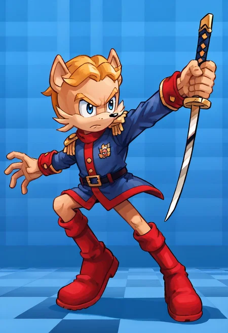 masterpiece, best quality, amazing quality, high detail, absurdres, Antoine D'Coolette, male, solo, holding saber weapon, sword, blue jacket, red boots, blond hair, blue eyes, action pose, dynamic pose, (blue checkered background),