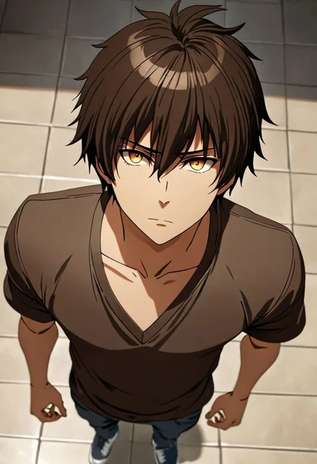 Highres, Masterpiece, High Quality, 4K, 8K, solo, 1Boy, Seiya Kanie, short dark brown hair, golden eyes, standing, straight facing upwards, casual, seen from above, arrogant face, dominant, intimidate, easynegative, detailed_eye_model