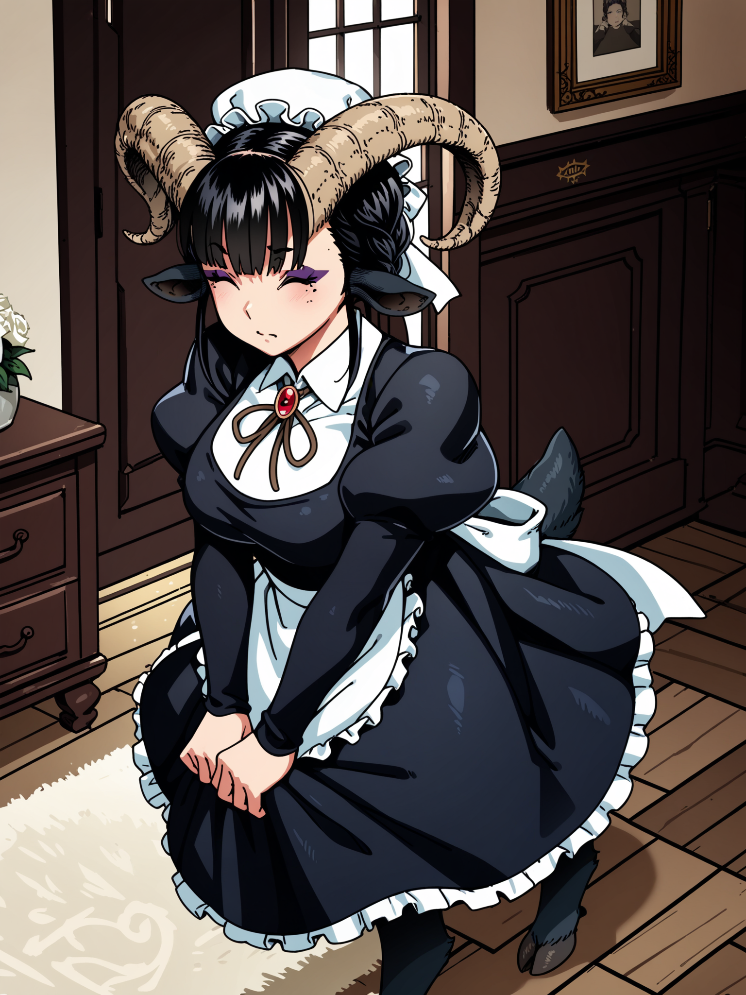 <lora:happy_tentacle-maya-v0.6-000026:0.9>, ht_maya, satyr, goat girl, goat horns, goat tail, hooves, yellow eyes, eyeshadow, maid, apron, mob cap, collared shirt, long sleeves, puffy sleeves, juliet sleeves, brooch, indoors , 1girl, solo, portrait , , (wince :1), , , standing , facing viewer , score_9, score_8_up, score_7_up, score_6_up, score_5_up, score_4_up