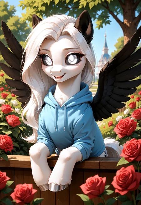 score_9, score_8_up, score_7_up, score_pony, zPDXL3, Albina, 1girl, feral pony, pony, (white fur1.2), (white long hair:1.2), black sclera, white eye, (glowing white eyes:1.4), (black wings:1.1), (black ears:1.1), cute, pony wearing a hoodie and stockings flowers roses BREAK (masterpiece:1.3), (best quality:1.3), (ultra-detailed:1.3), (cinematic lighting:1.2), (depth of field:1.1), (sharp details:1.1)