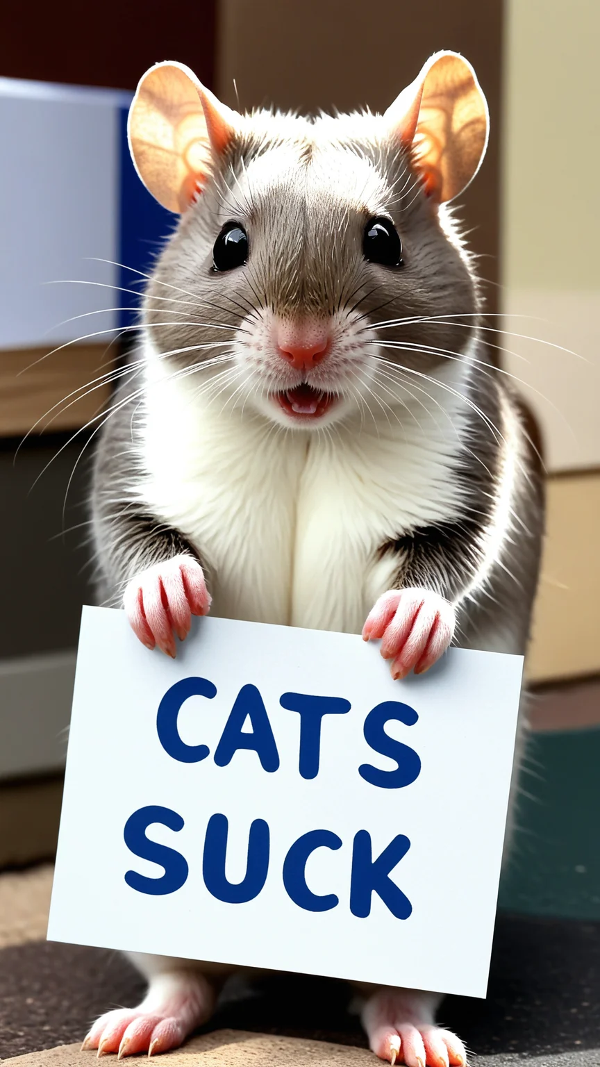 A rodent holding a sign which reads "CATS SUCK", <lora:Add_UHD_Details_&_Text_v1:0.85>, Painstaking Attention To Details,