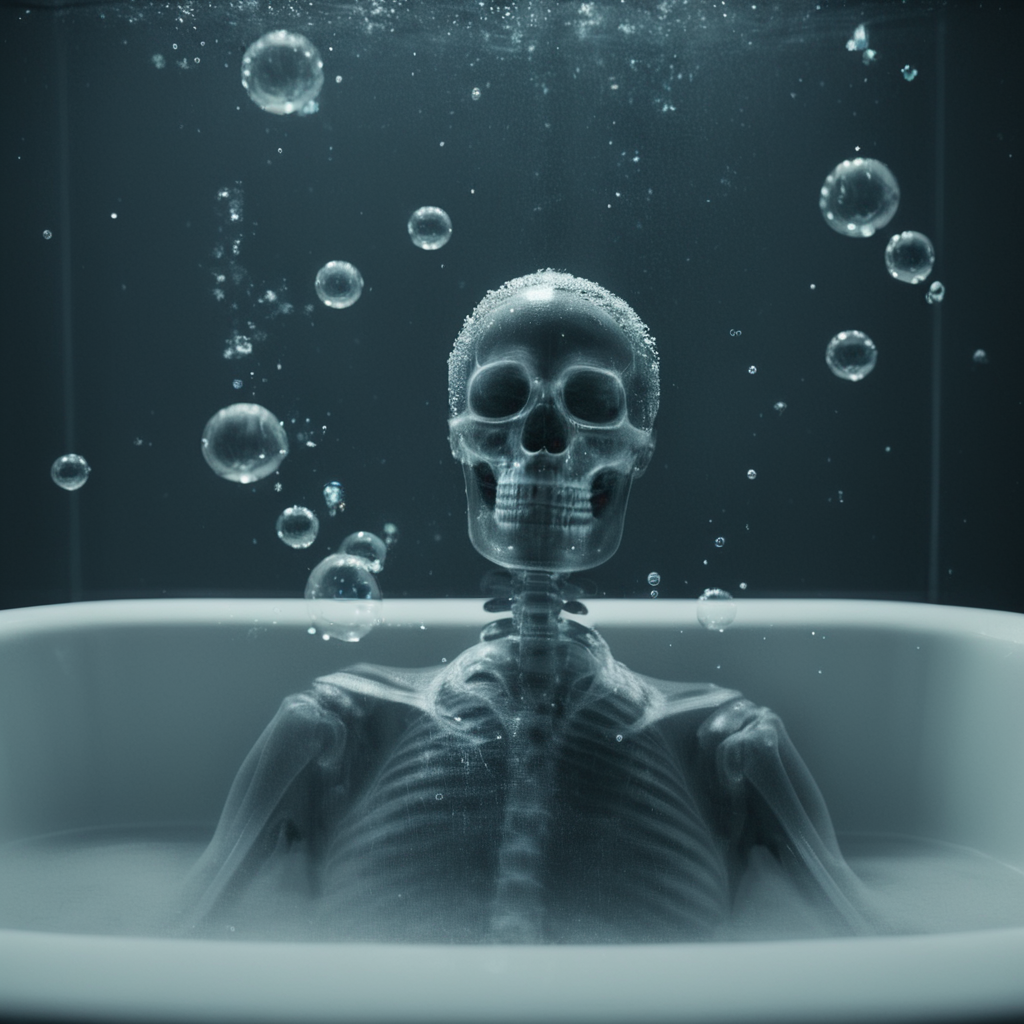 cinematic film still of  <lora:x-ray style:1> X-ray of
a skeleton in a bathtub with bubbles
,x-ray style, shallow depth of field, vignette, highly detailed, high budget, bokeh, cinemascope, moody, epic, gorgeous, film grain, grainy
