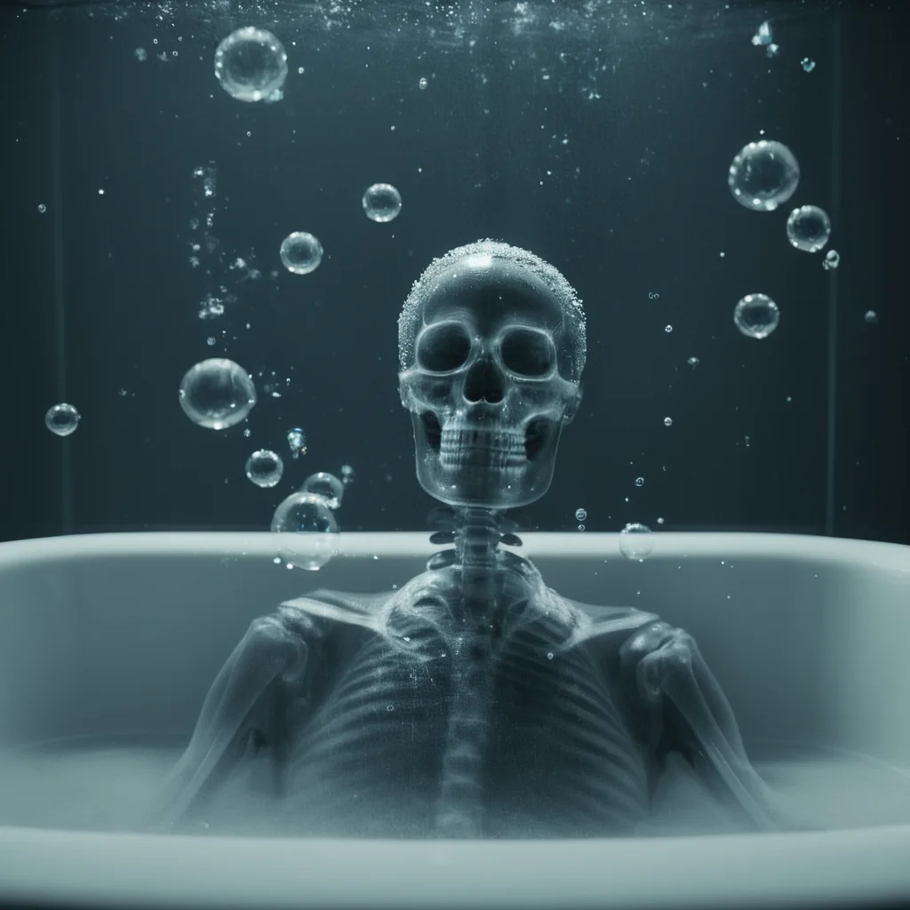 cinematic film still of <lora:x-ray style:1> X-ray of
a skeleton in a bathtub with bubbles
,x-ray style, shallow depth of field, vignette, highly detailed, high budget, bokeh, cinemascope, moody, epic, gorgeous, film grain, grainy