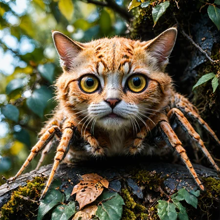 spider wth a cat face, full body shot, on tree, diagonal shot,
<lora:add-detail-xl:1>, <lora:quality1:0.8>, <lora:xl_more_art-full_v1:0.8>, <lora:SDXLFaeTastic2400:0.8>,, RAW candid cinema, 16mm, color graded portra 400 film, remarkable color, ultra realistic, textured skin, remarkable detailed pupils, realistic dull skin noise, visible skin detail, skin fuzz, dry skin, shot with cinematic camera