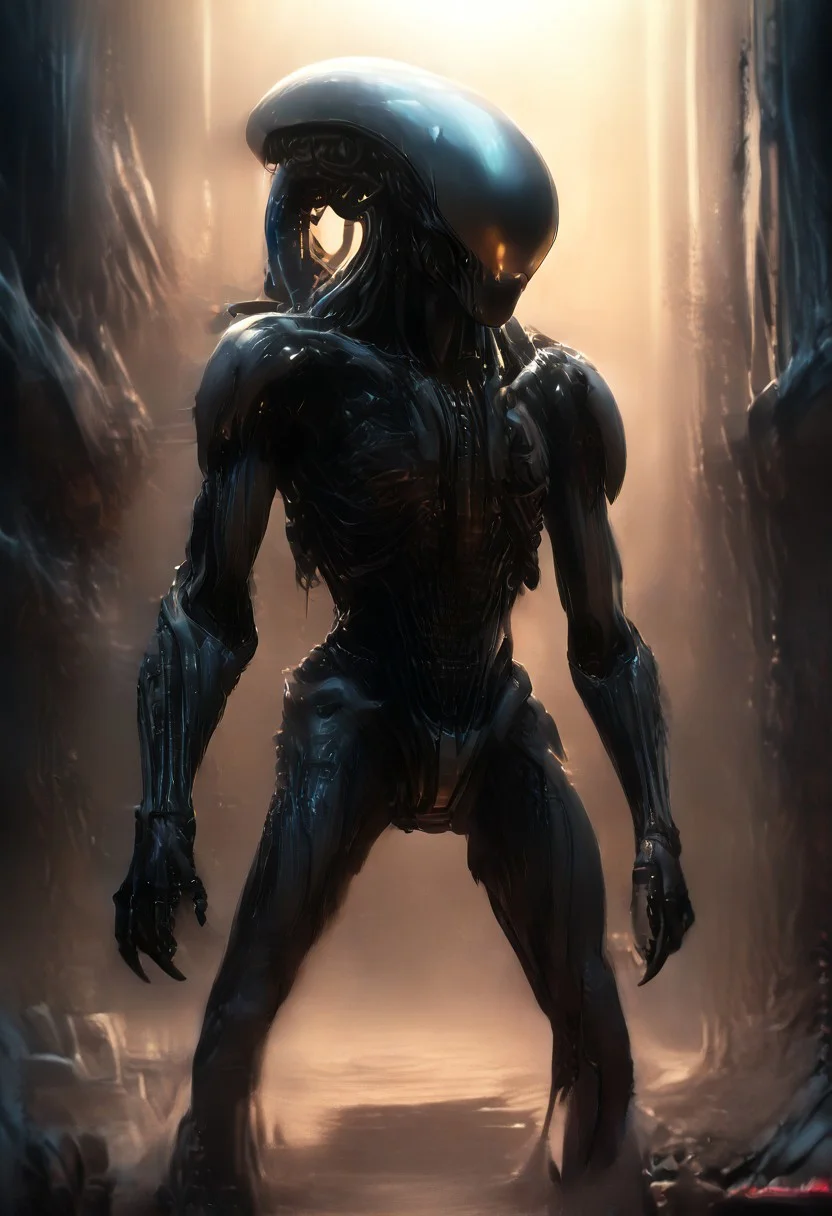 , blank metallic face(((robot)))(stunning, magnificent, HD, photorealistic, dramatic lighting, intricate details, armor beautiful patterns, realistic , powerful, cinematic,, masterpiece, perfect anatomy, perfect composition, perfect hand, Exosuit armor highly detailed patterns on armor), , full body fits into the image, full body visible, ), claws, gauntlet, digital illustration of a futuristic, armored alien figure. The subject is dressed in a highly detailed, dark, and bulky exosuit with intricate mechanical components.metallic skin,digitigrade, ST_aliens_styles, tail(combat stance 10)Xenomorph, alien,st_monsters, ST_aliens_styles, artstation futuristic character designs
