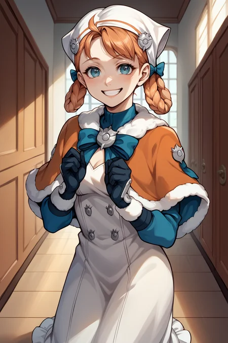 score_9, score_8_up, score_7_up, score_6_up, source_anime, BREAK 1girl, <lora:annette-pdxl-nvwls-v1-000005:1> hopesAnne, hair rings, braid, swept bangs, head scarf, orange capelet, fur trim, blue bow, white dress, frilled dress, black gloves, happy, grin, looking at you, schoolhouse, hallway