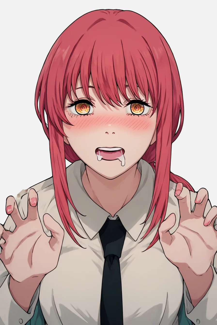 score_9, score_8_up, score_7_up, score_6_up, score_5_up, score_4_up, <lora:mak1ma0XL_Pony_v1:1> , mak1ma0, red hair, long hair, ringed eyes, white collared shirt,black necktie, 1girl, alone, <lora:Pervert_face_and_pose:0.8>, claw pose, mouth drool, blush, alone, masterpiece, highres, highly detailed face, white background, simple background